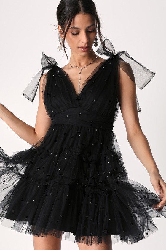 Lulus Tulle-proof Black Tulle Beaded Tie-shoulder Tiered Mini Dress