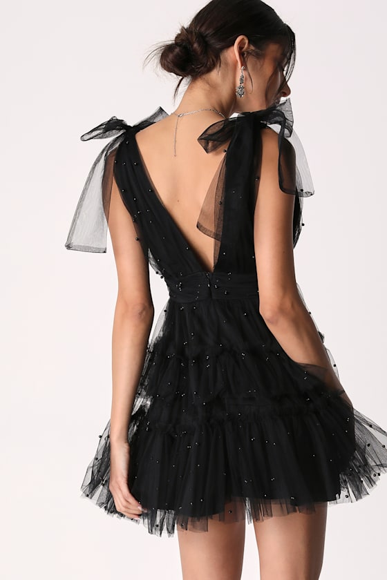 Tulle-Proof Black Tulle Beaded Tie-Shoulder Tiered Mini Dress 4
