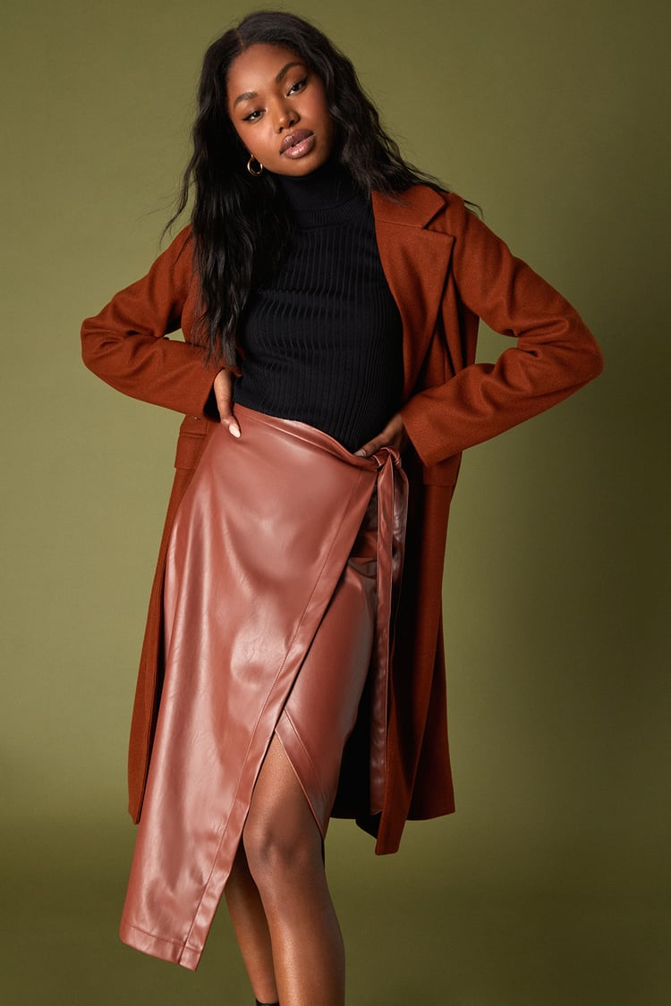 brown faux leather long skirt