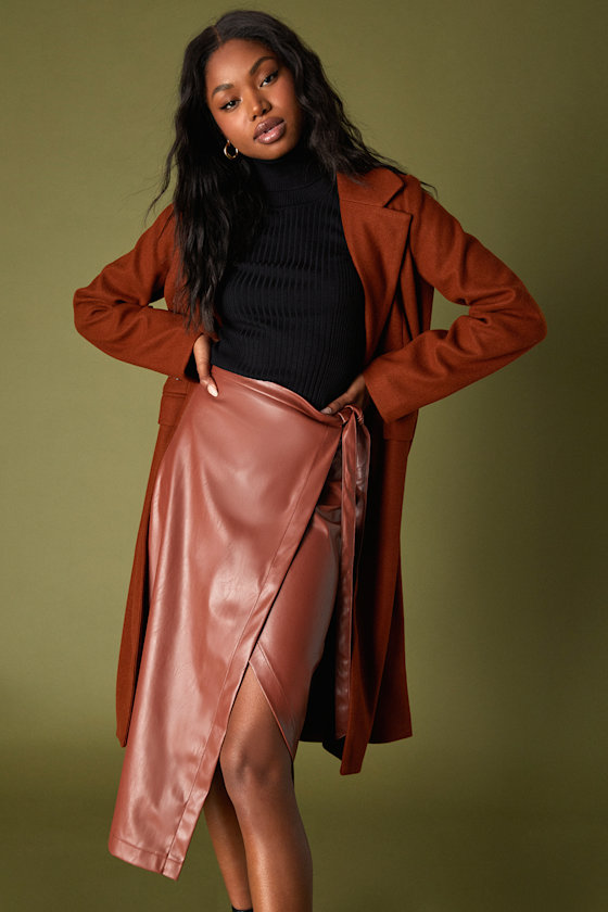 Effortless Class Brown Vegan Leather Faux Wrap Midi Skirt 7