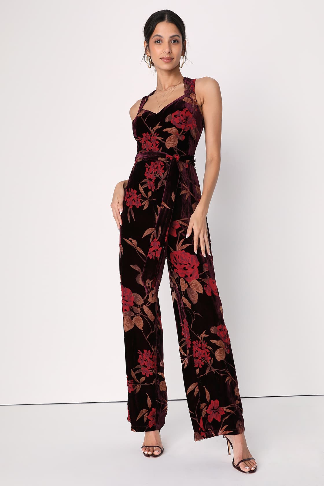 Burgundy Velvet Jumpsuit Floral Burnout Jumpsuit Red Jumpsuit Lulus