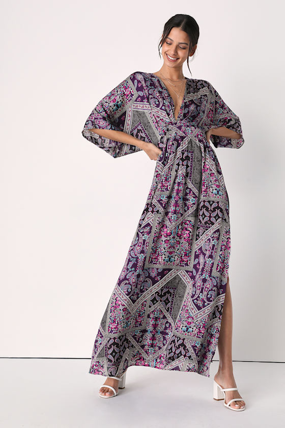 Romantically Retro Purple Multi Paisley Short Sleeve Maxi Dress 4