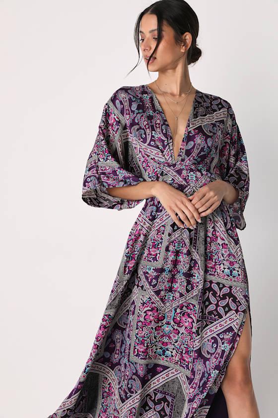 Romantically Retro Purple Multi Paisley Short Sleeve Maxi Dress 2