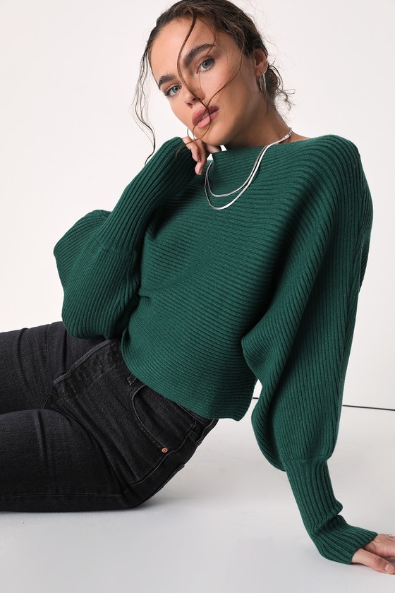 Lulus Classically Cozy Dark Green Ribbed Dolman Sleeve Cropped Sweater