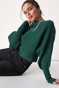 Classically Cozy Dark Green Ribbed Dolman Sleeve Cropped Sweater 4