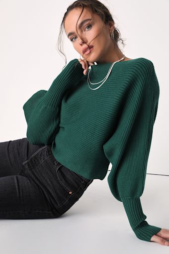 Classically Cozy Dark Green Ribbed Dolman Sleeve Cropped Sweater 4