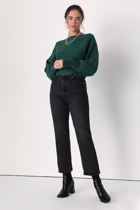 Classically Cozy Dark Green Ribbed Dolman Sleeve Cropped Sweater - thumbnail 2