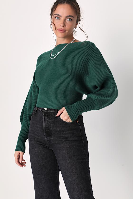 Classically Cozy Dark Green Ribbed Dolman Sleeve Cropped Sweater - thumbnail 4