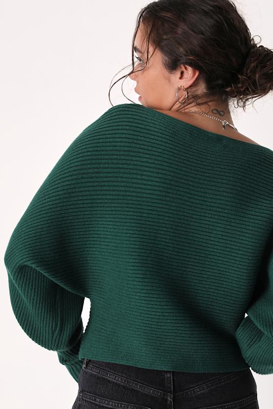 Classically Cozy Dark Green Ribbed Dolman Sleeve Cropped Sweater - thumbnail 5