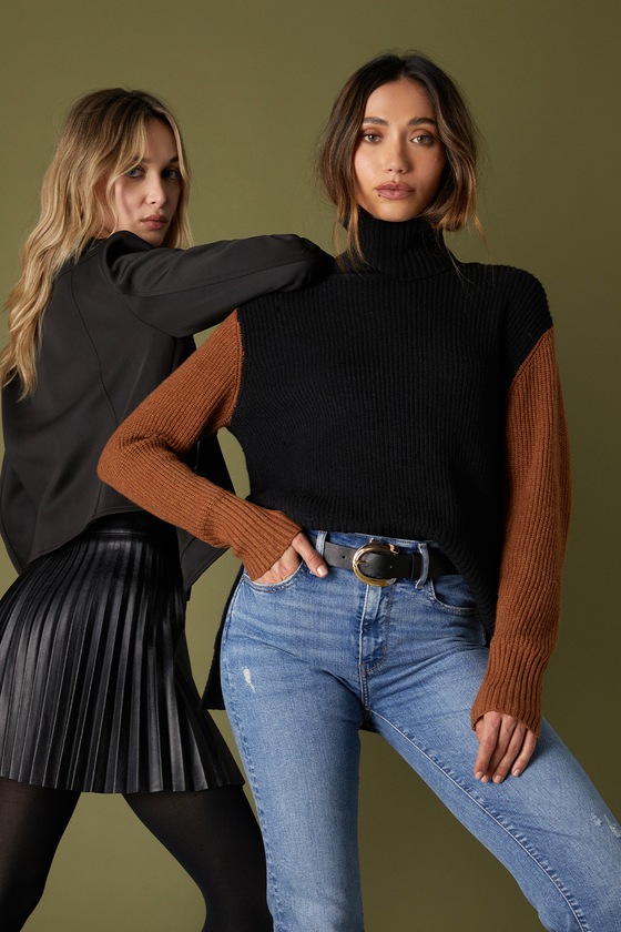 Lulus Embrace The Season Brown Color Block Turtleneck Sweater
