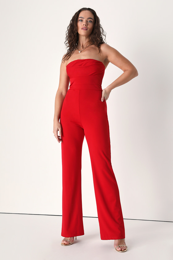 Red Strapless Jumpsuit - Straight Leg Jumpsuit - Drape Jumpsuit - Lulus