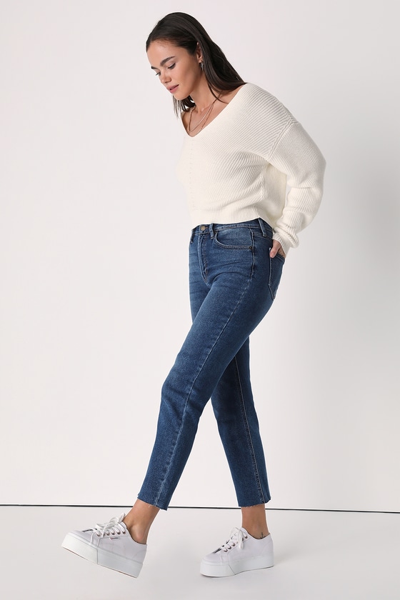 High Rise Jeans - Straight Leg Dark Wash Jeans - Raw Hem Jeans - Lulus