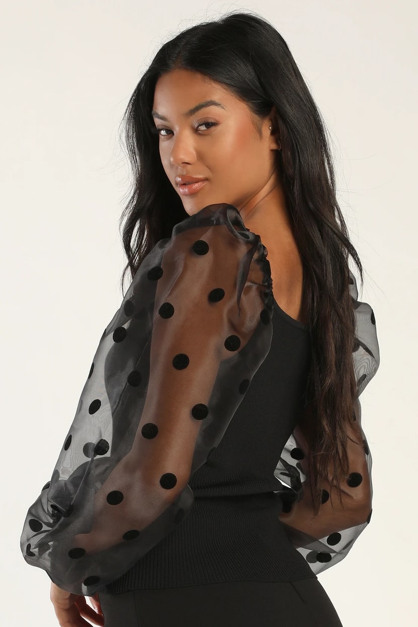 Sheerly Sweet Black Sheer Polka Dot Tulle Puff Sleeve Top