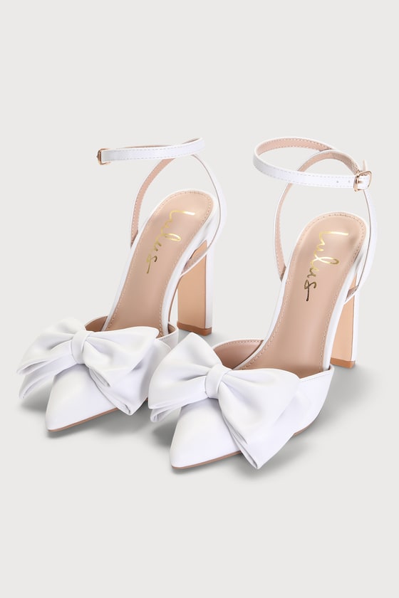 Lulus Penson White Bow Pointed-toe Ankle Strap Pumps