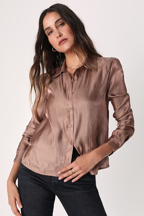 Shiny Bronze Top ButtonUp Top Shiny ButtonUp Lulus