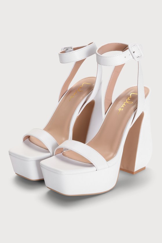 Lulus Lorio White Platform Square Toe Ankle Strap High Heel Sandal Heels