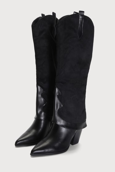 Yoha Black Suede Fold-Over Knee-High Western Boots