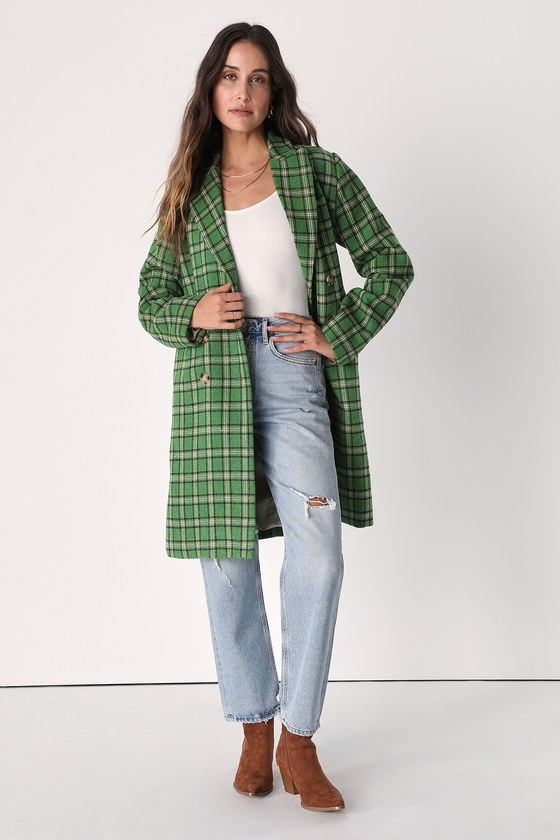 Green Plaid Peacoat - Plaid Double Breasted Coat - Plaid Coat - Lulus