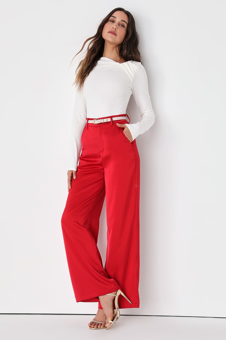 Red Satin Pants - Wide Leg Pants - High Waisted Satin Pants - Lulus