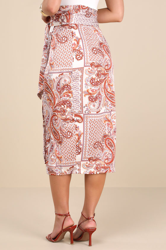 Take A Walk With Me Rust Paisley Print Satin Wrap Midi Skirt