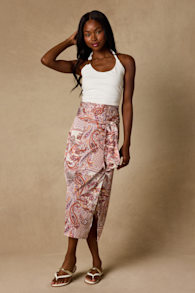 Take A Walk With Me Rust Paisley Print Satin Wrap Midi Skirt 2