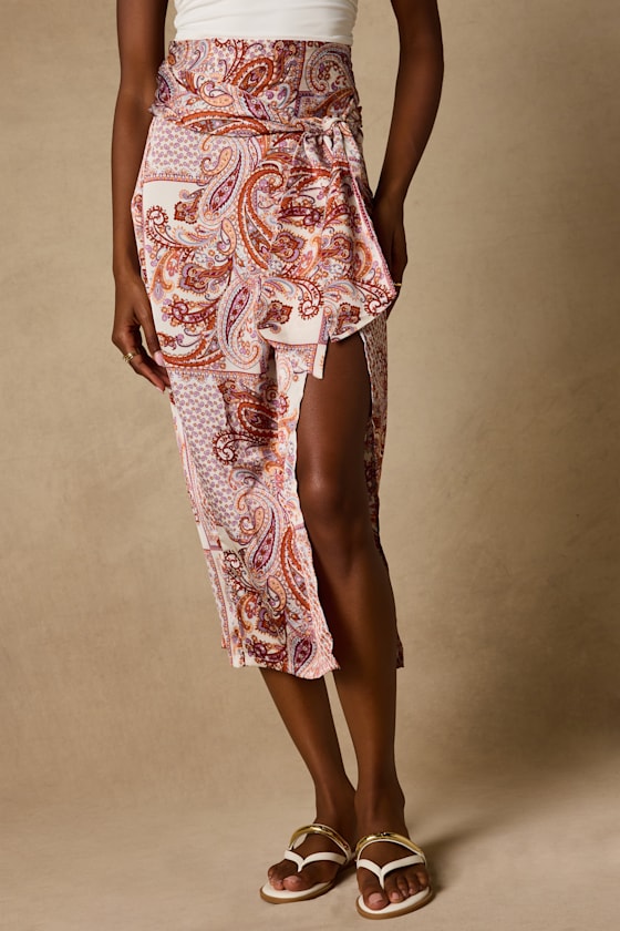 Take A Walk With Me Rust Paisley Print Satin Wrap Midi Skirt 3