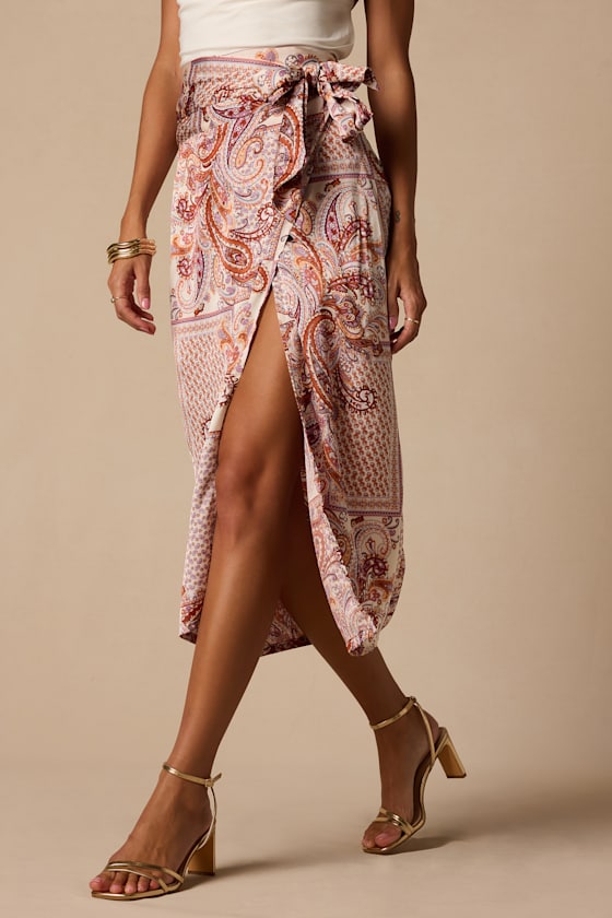 Take A Walk With Me Rust Paisley Print Satin Wrap Midi Skirt - thumbnail 5