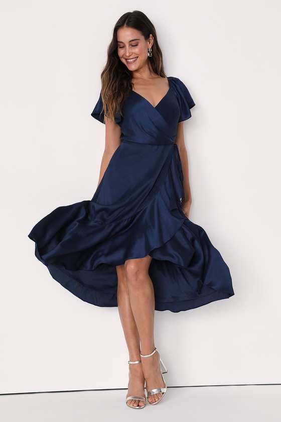Navy Blue Wrap Dress - Midi Wrap Dress - Ruffled Wrap Dress - Lulus