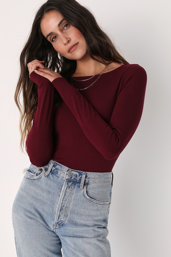 Wine Red Bodysuit - Long Sleeve Bodysuit - Boat Neck Bodysuit - Lulus