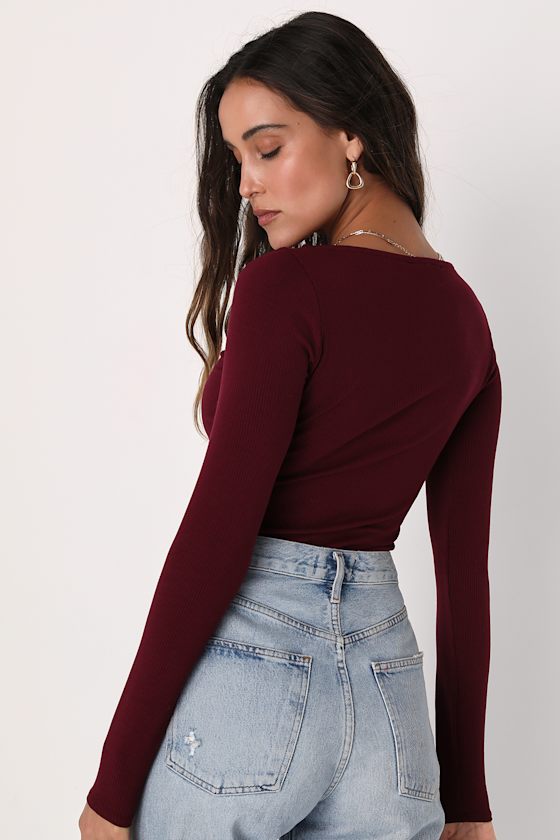 Wine Red Bodysuit Long Sleeve Bodysuit Boat Neck Bodysuit Lulus