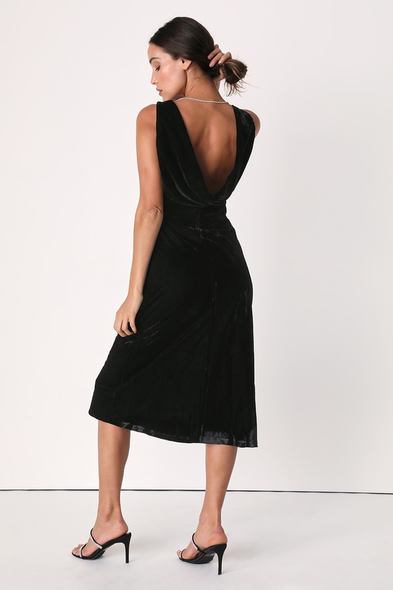 Black Velvet Midi Dress- Rhinestone Midi Dress - Cowl Back Dress - Lulus