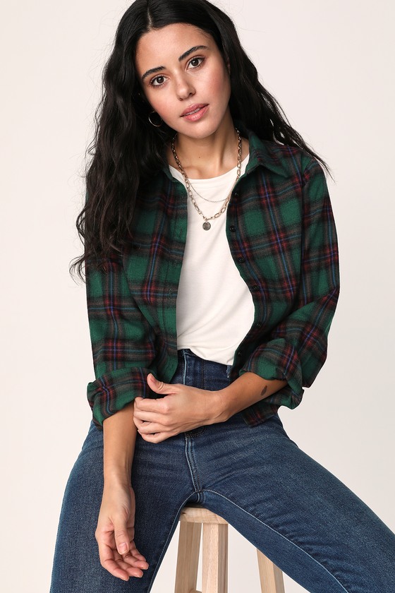 Green and Red Flannel Shirt - Plaid Cropped Shirt - Flannel Top - Lulus