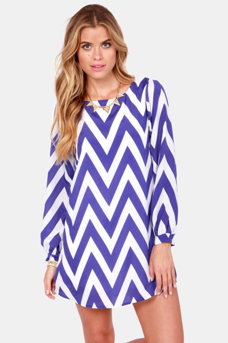Royal Blue and Ivory Cute Striped Dress -Chevron Shift Dress - Lulus