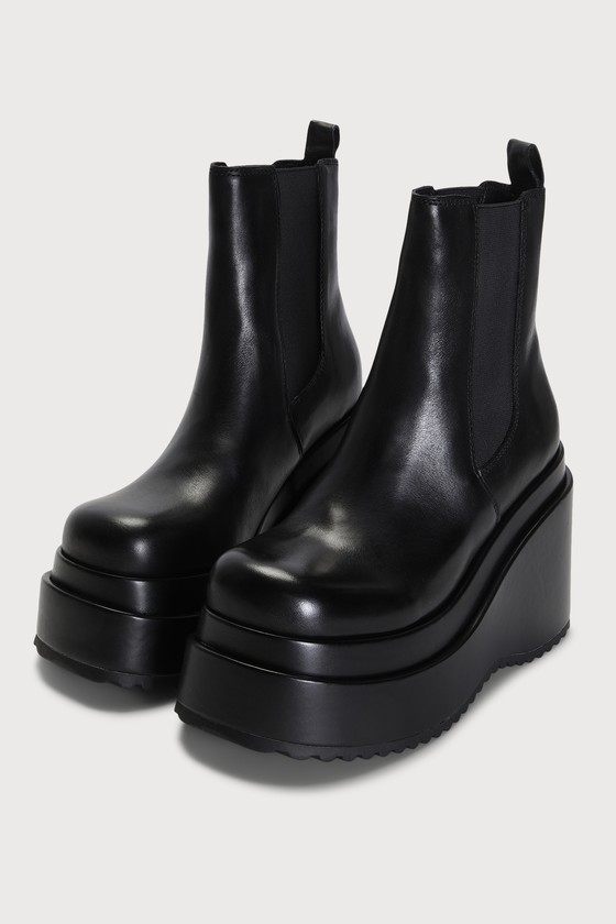 STEVE MADDEN JESSE BLACK LEATHER SLIP-ON PLATFORM CHELSEA HIGH HEEL BOOTS