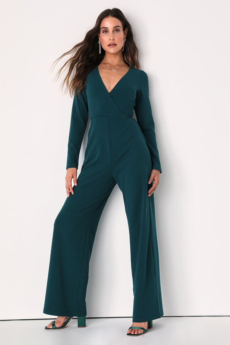 Emerald Jumpsuit - Long Sleeve Jumpsuit - Wide-Leg Jumpsuit - Lulus