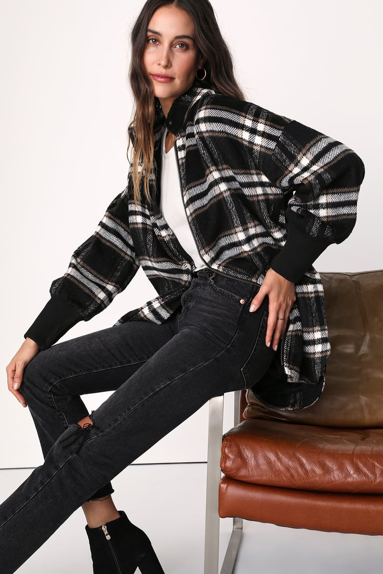 Oversized Soft-Brushed Plaid Button-Front Coat for Women