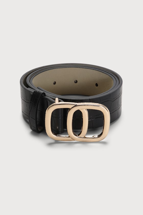 DOUBLE C BELT 30MM IN BLACK CALFSKIN EMBOSSED LOGO GOLD BUCKLE