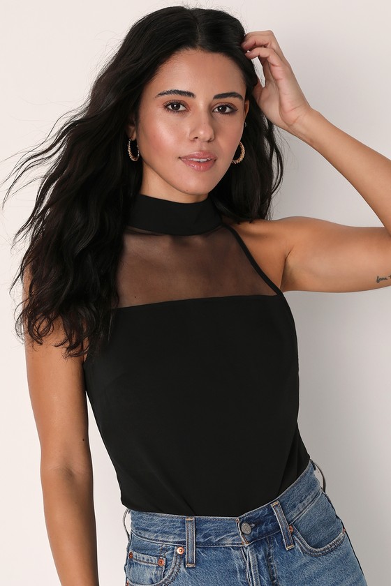 Lulus Made To Mesh Black Mock Neck Bodysuit