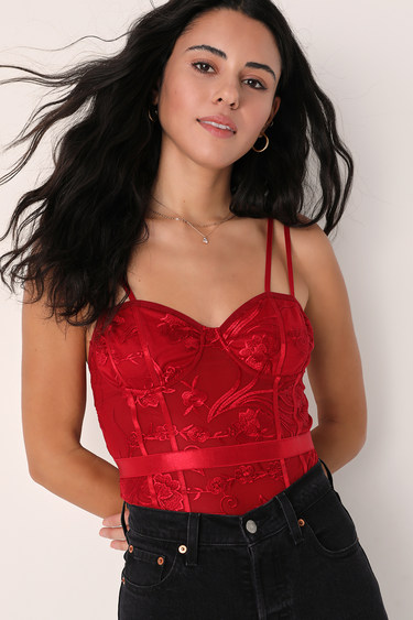 Sultry Scenario Wine Red Lace Bustier Bodysuit