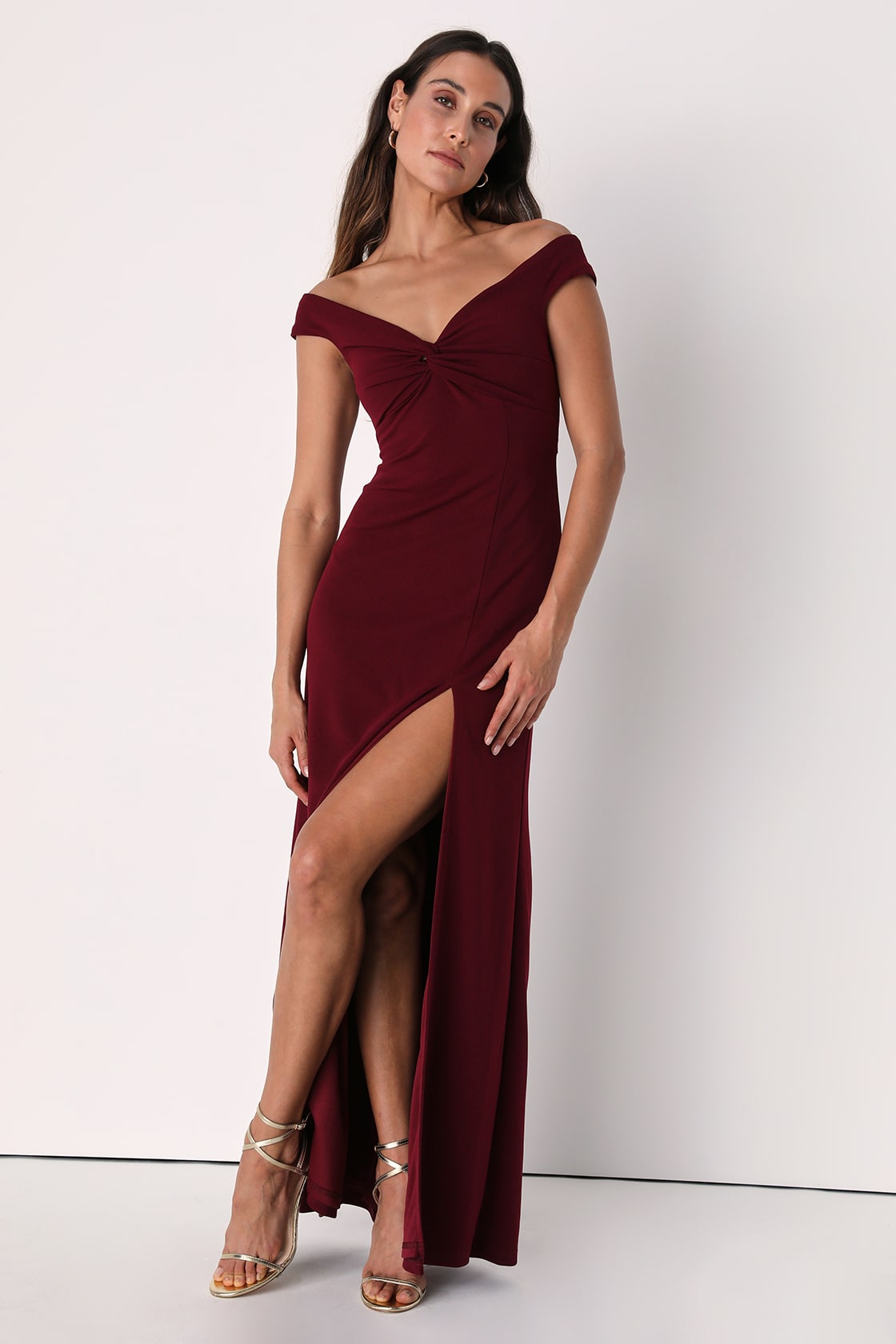 Behold My Love Burgundy Off-The-Shoulder Twist-Front Maxi Dress