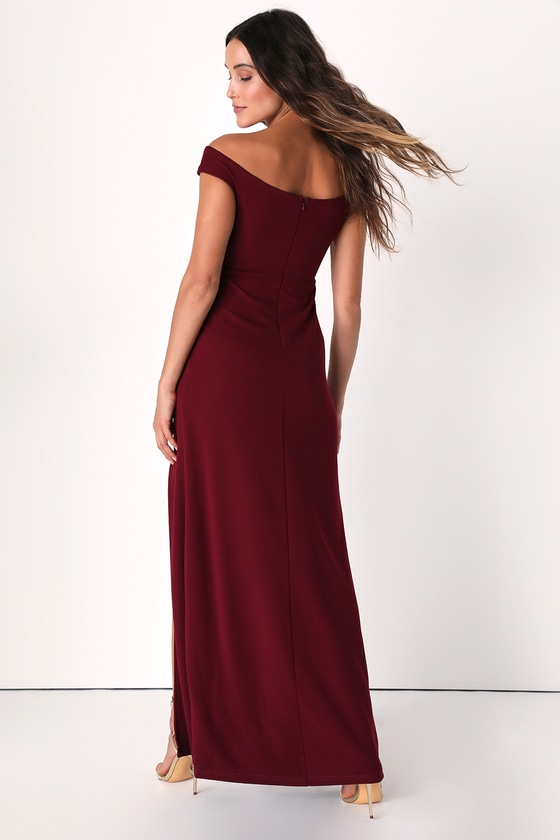 Burgundy Maxi Dress - Off-The-Shoulder Dress - Elegant Maxi