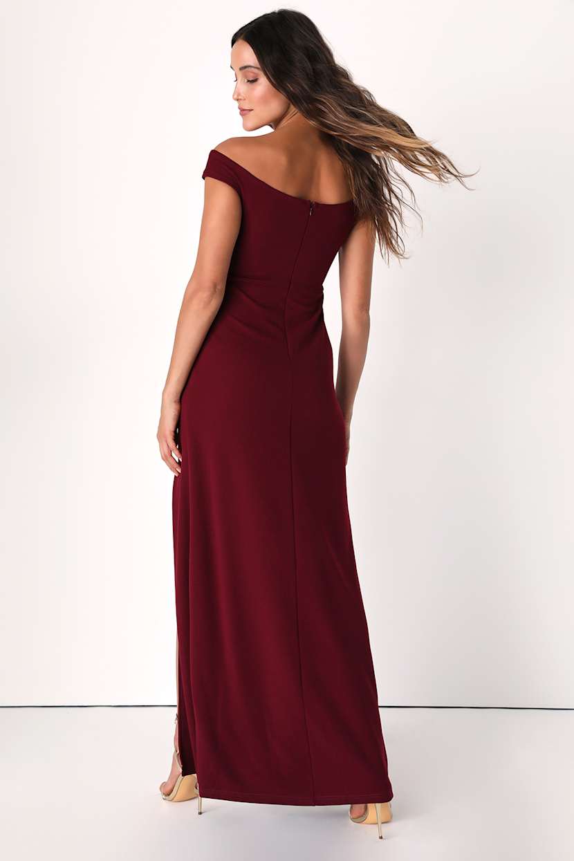 Behold My Love Burgundy Off-The-Shoulder Twist-Front Maxi Dress