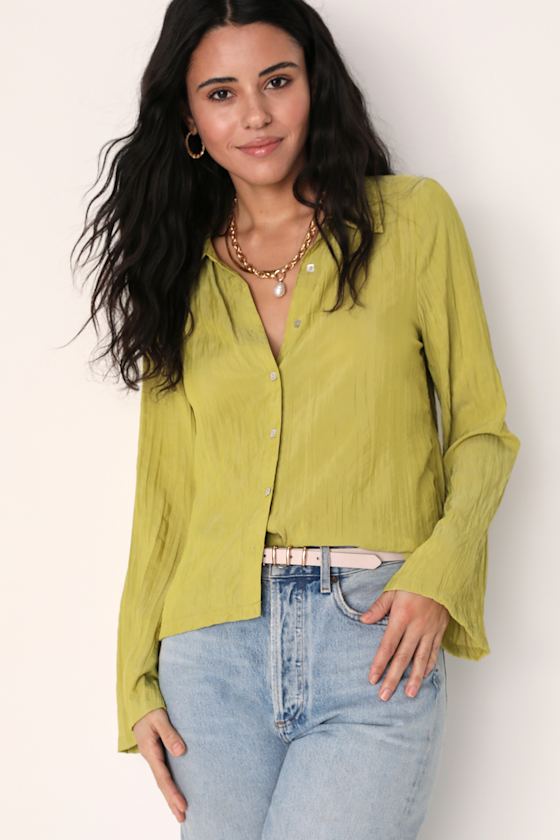 Pleat Code Lime Green Pleated Long Sleeve Button-Up Top 6