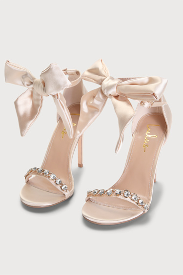 Champagne Satin Heels Bow High Heel Sandals Rhinestone Heels