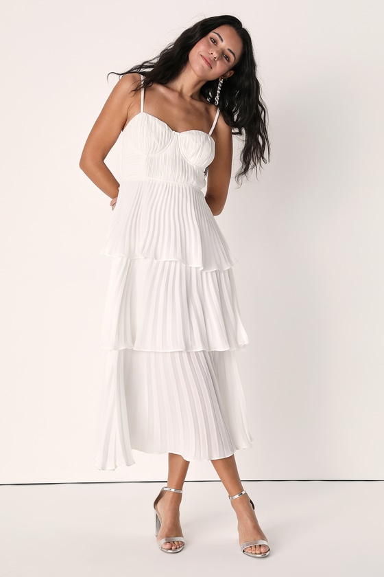 White Midi Dress - Tiered Pleated Midi Dress - Bustier Midi Dress - Lulus
