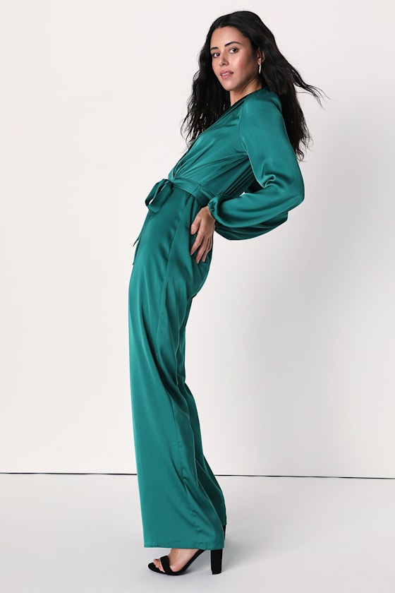 Certainly Chic Emerald Green Satin Long Sleeve Wide-Leg Jumpsuit 9