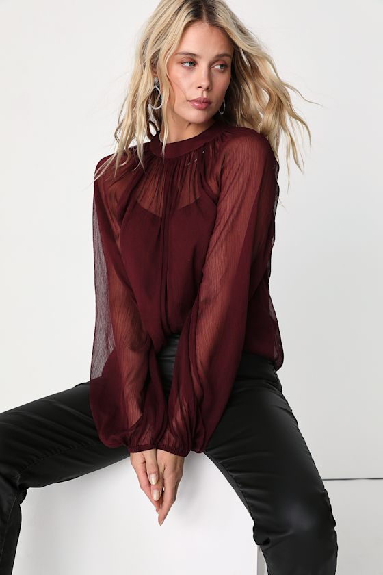 Burgundy Balloon Sleeve Top Floaty Top Long Sleeve Sheer Top Lulus