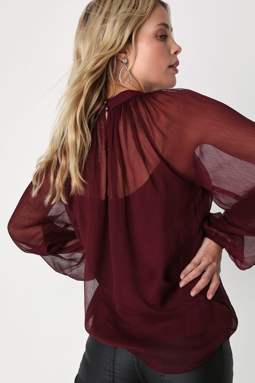 Burgundy Balloon Sleeve Top - Floaty Top - Long Sleeve Sheer Top - Lulus