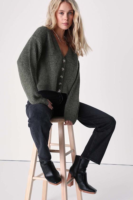 Came for Cozy Heather Olive Green Button-Up Cardigan Sweater 2