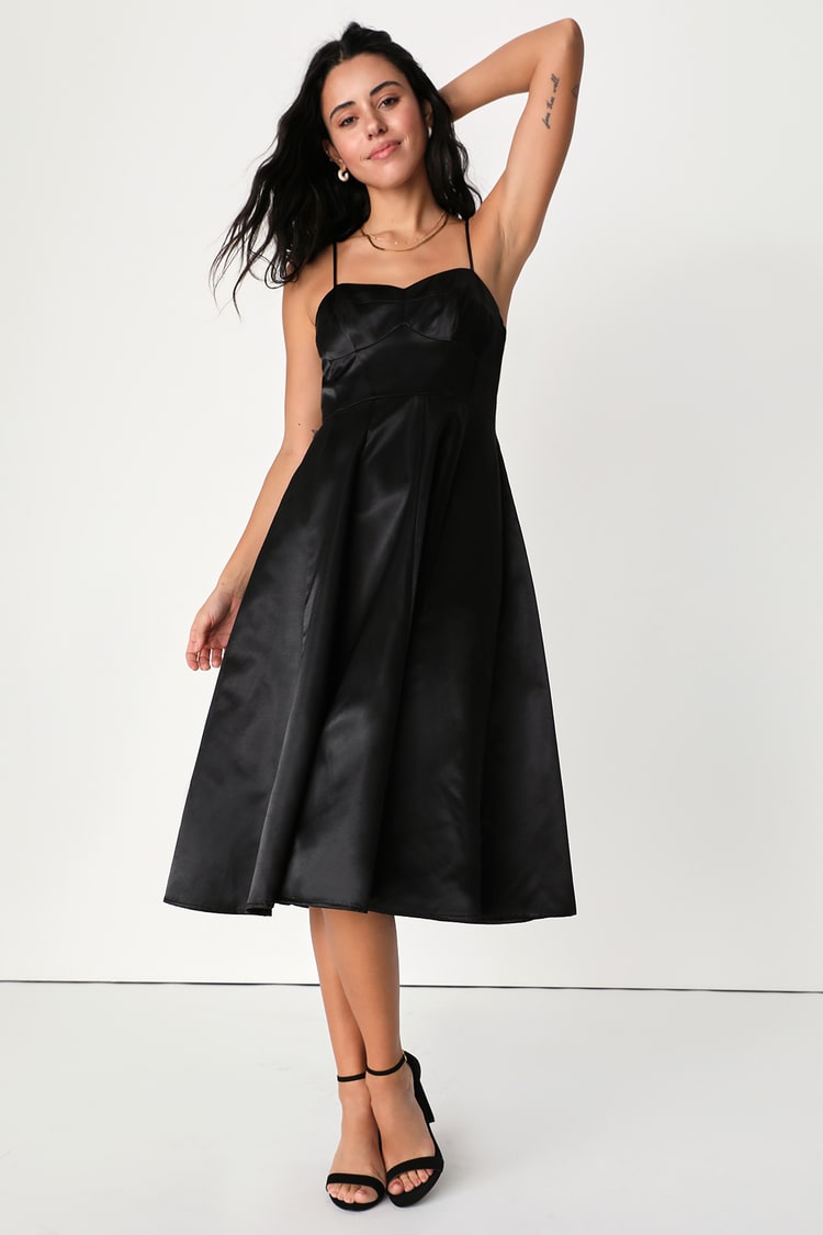 Black A-Line Dress - Midi Dress With Pockets - Satin Skater Midi - Lulus